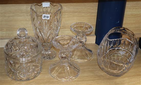A Waterford Marquis pattern vase cut glass jar and cover and basket and a pair of candleholders